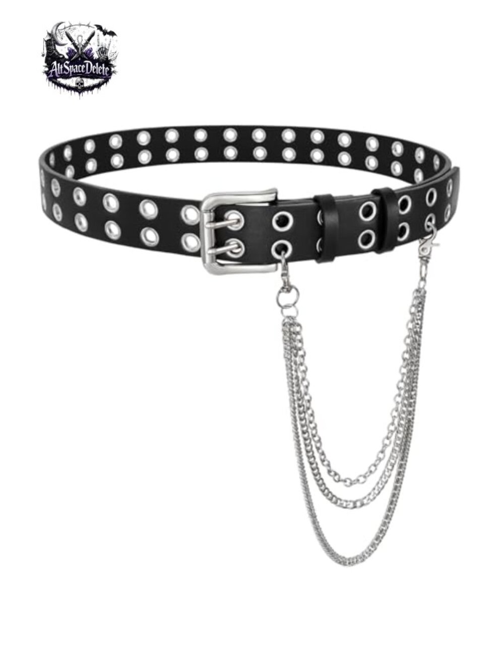 Leather Double Grommet Studded Belt with Detachable Chain for Jeans Pants Punk